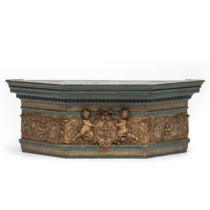 A polychrome wooden and alabaster armorial console with putti, 18th C.