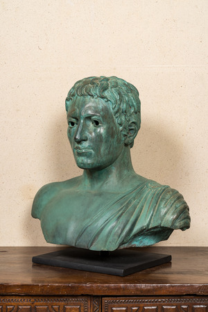 A large green patinated bronze bust of a Roman, 20th C.