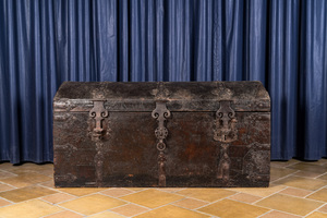 A German iron-mounted leather-clad wooden coffer, 17th C.