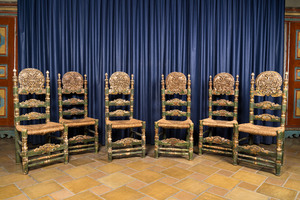 Six Spanish polychromed and gilt wooden chairs with wicker upholstery, 19th C.