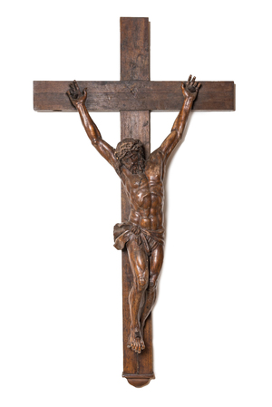 A large crucifix with carved walnut Corpus Christi, 17th C.