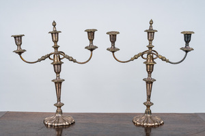 A pair of silver-plated three-light candlesticks, 20th C.