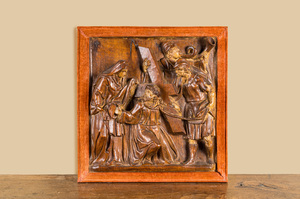 A German carved polychromed wood panel with Veronica Drying Christ's Face, 17th C.