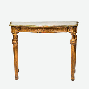 A faux marble-painted and gilt wooden console table, France, 19th C.