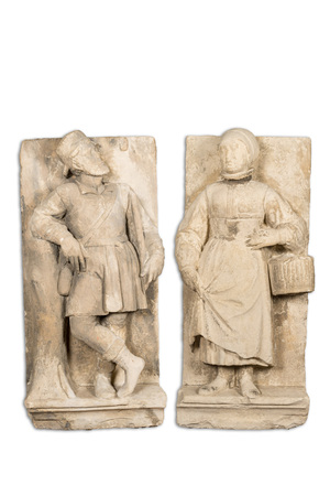 A pair of French stone carvings depicting a man and a woman, Loire Valley, late 16th C.