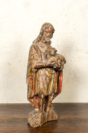 Saint Jean-Baptiste portant l'agneau en noyer sculpté, polychromé et doré, milieu du 16ème
