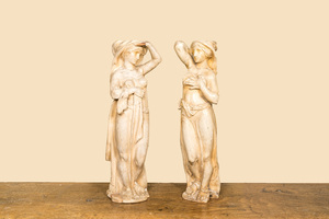 A pair of white patinated wooden models of caryatids, ca. 1900