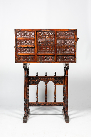 A Spanish wooden 16th-C. style 'bargueño' cabinet on foot, 19th C.