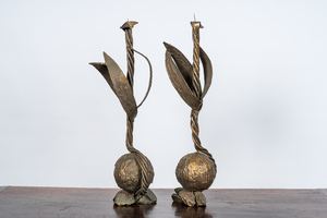 A pair of large patinated bronze plant-shaped candlesticks, 20th C.