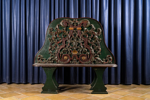 A Dutch polychromed and gilt carved wooden hall bench, probably Amsterdam, ca. 1800