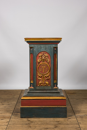 A polychromed and gilt monogrammed wooden column with inner compartment, 19th C.