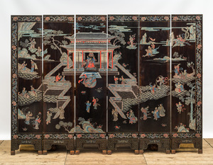 A Chinese lacquered six-part folding screen with a narrative 'immortals' scene, 20th C.