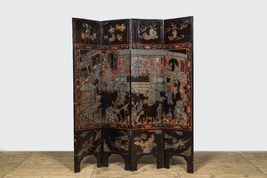 A Chinese lacquered four-part folding screen with a narrative 'palace' scene, 19/20th C.