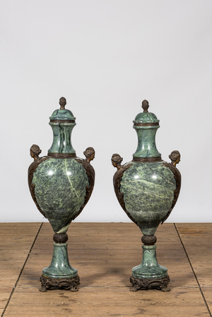 A pair of large bronze-mounted green marble vases and covers, France, 19th C.