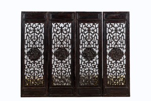 Four Chinese reticulated wooden panels, 19th C.