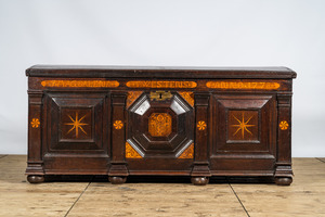 An imposing oak wooden linen coffer with marquetry, personalized inscription and date 1778, 18th C.