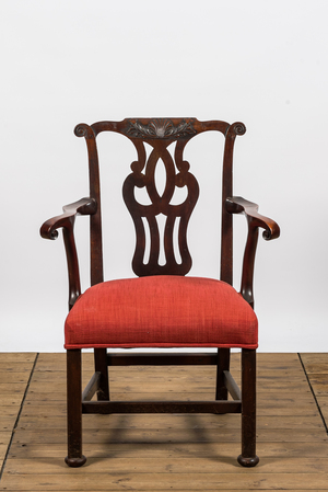 An English mahogany upholstered armchair, 19th C.