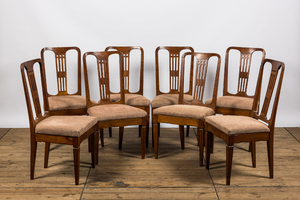 Eight oak wooden dining room chairs, ca. 1900