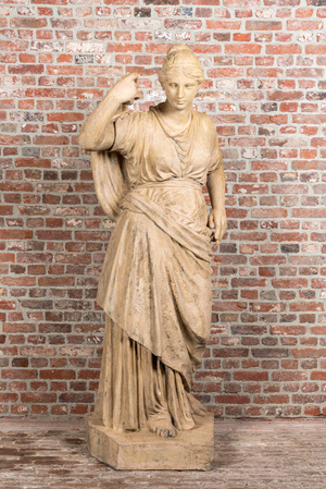 A large patinated terracotta figure of Diana, 19/20th C.