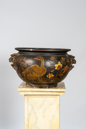 A large Japanese lacquered and gilt pottery jardinière, Meiji, 19th C.