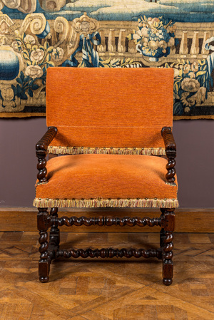 A baroque walnut 'barley twist' armchair with lions' heads, 17th C.