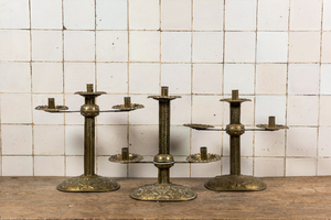 Three adjustable punched copper candlesticks, 19th C.