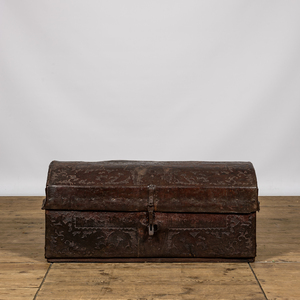 A Spanish embossed leather wooden coffer, 17th C.