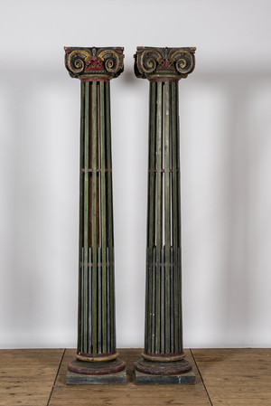 A pair of polychrome wooden columns, 20th C.