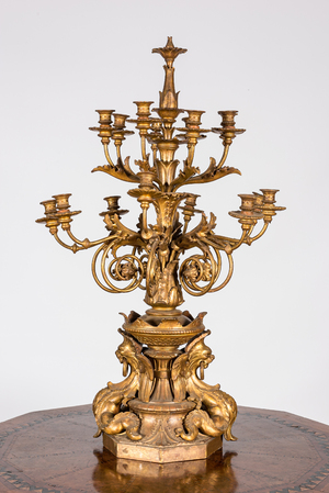 An impressive gilt wooden candlestick with gilt bronze sockets, 19/20th C.