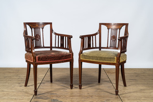 A pair of English neoclassical mahogany marquetry armchairs, 19th C.