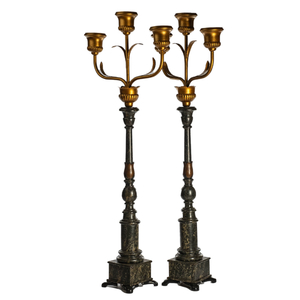 A pair of impressive 'faux marbre'-painted wooden candlesticks transformed into floor lamps with gilt brass mounts, 19th C. and later