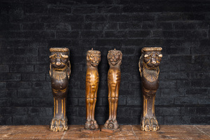 Two pairs of sculpted wooden table legs in the shape of lions, 19th C.