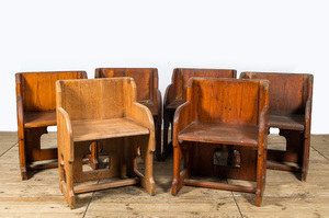 Five Gothic Revival pine chairs and one in oak, 20th C.