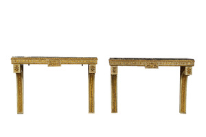 A pair of French gilt and patinated wooden consoles with marble top, 19th C.