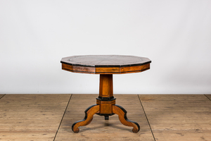 A dodecagonal tripod mahogany and root veneered parquetry table, 19th C.