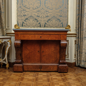 A French Empire-style rootwood veneered wooden console with a grey marble top, 19th C.