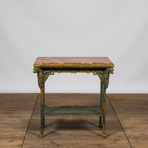 A green patinated and gilt Retour d'Egypte-style side table with marble top, ca. 1900