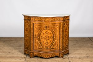 A French marquetry one-door cabinet with marble top, 19th C.