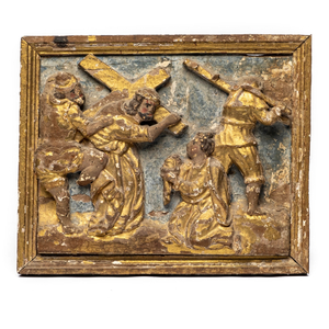 A polychrome and gilt wooden relief depicting Christ and Saint Veronica, 18th C.