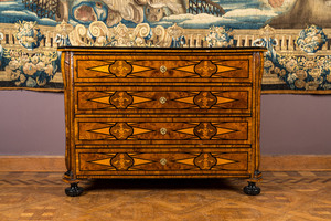 A German burl wood veneered chest of drawers with floral marquetry and parquetry, 18th C.