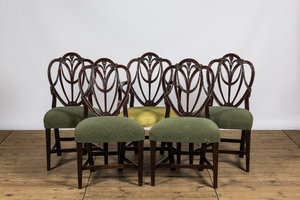 Five English 'Prince of Wales feathers' dining chairs in the style of George Hepplewhite, 19th C.