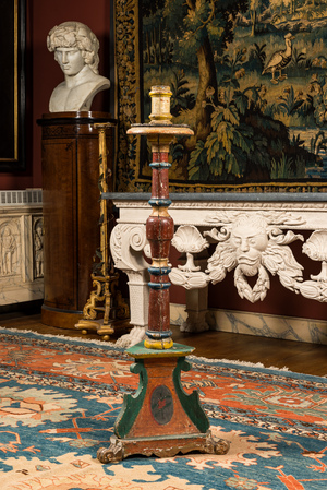 A large polychromed wooden candlestick, probably Italy, 19th C.
