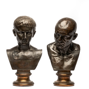 A pair of bronze patinated copper busts of men after the antique, probably Italy, 19/20th C.
