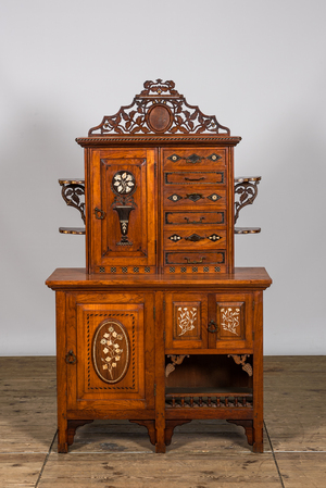 A wooden sideboard with upstand with floral bone inlay, 1st half 20th C.