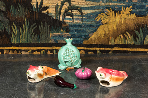 Two Japanese polychrome koi-shaped wall vases and three pieces of porcelain and glass fruit, 19/20th C.