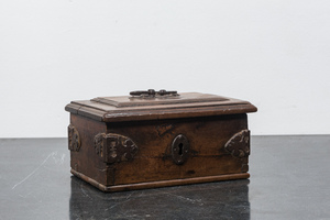 A walnut treasury box with wrought iron fittings, 17th C.