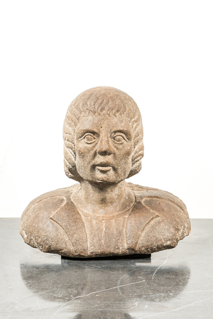 A brown stone bust of a male in armour, Northern Italy, 15th C.