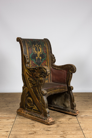 A Russian polychrome wooden ceremonial armchair with an eagle, 19th C.