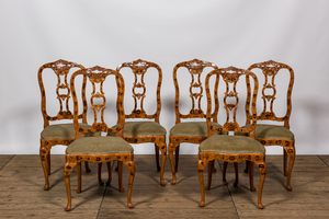 Six chaises en bois fruitier et marqueterie à décor floral, Hollande, 19ème