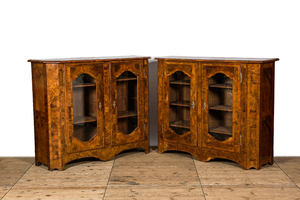 A pair of rootwood veneer display cabinets or buffets, 19th C.